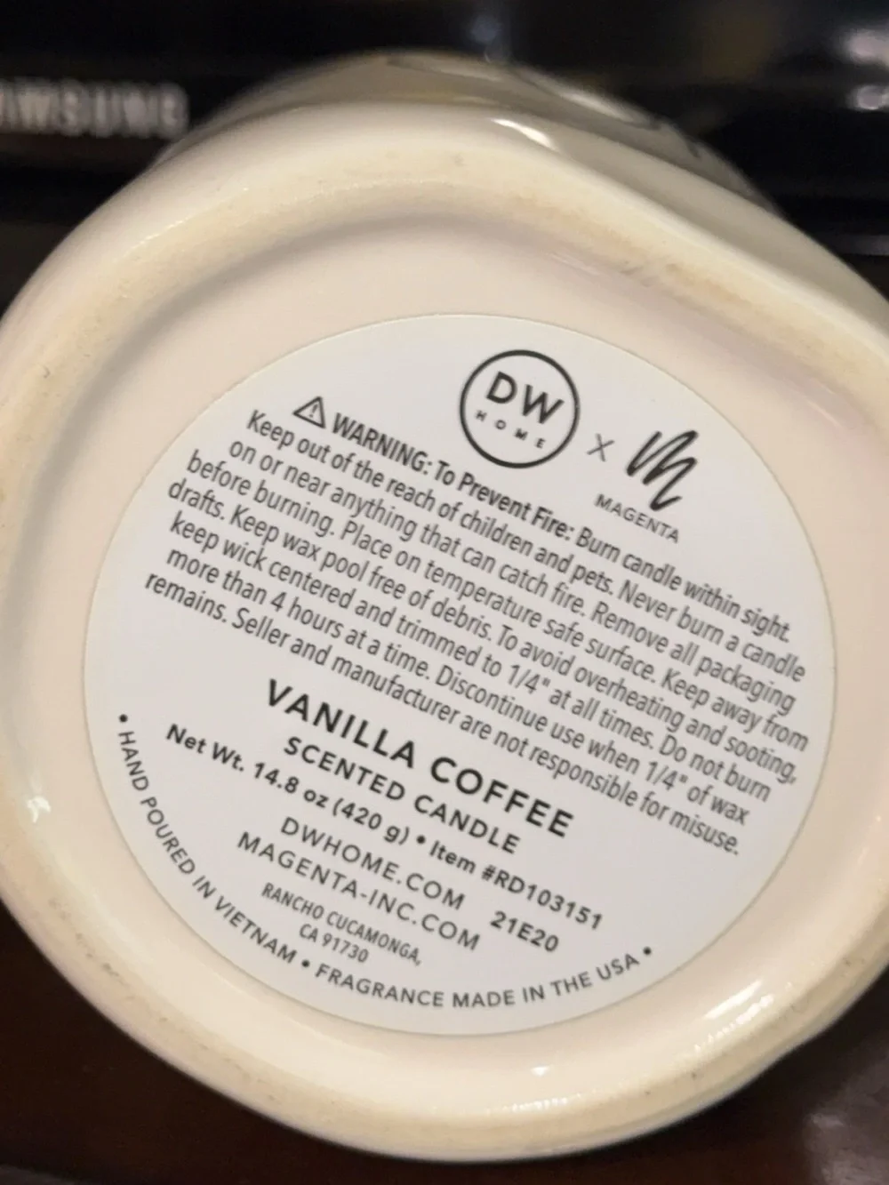 Rae Dunn scented CANDLE ceramic white VANILLA COFFEE 14.8 mug cup